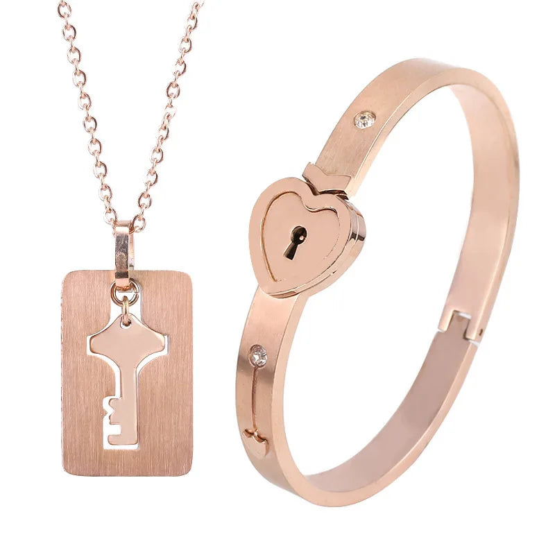 Bijoux Couple Cadenas Cœur & Clé – Bracelets et Colliers en Acier Inoxydable | Cadeau Saint-Valentin
