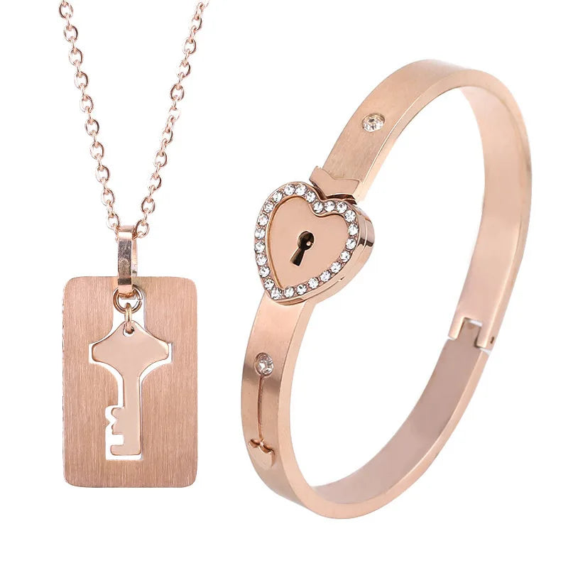Bijoux Couple Cadenas Cœur & Clé – Bracelets et Colliers en Acier Inoxydable | Cadeau Saint-Valentin
