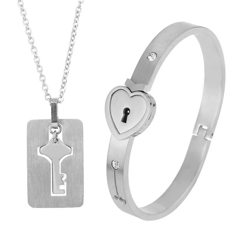 Bijoux Couple Cadenas Cœur & Clé – Bracelets et Colliers en Acier Inoxydable | Cadeau Saint-Valentin