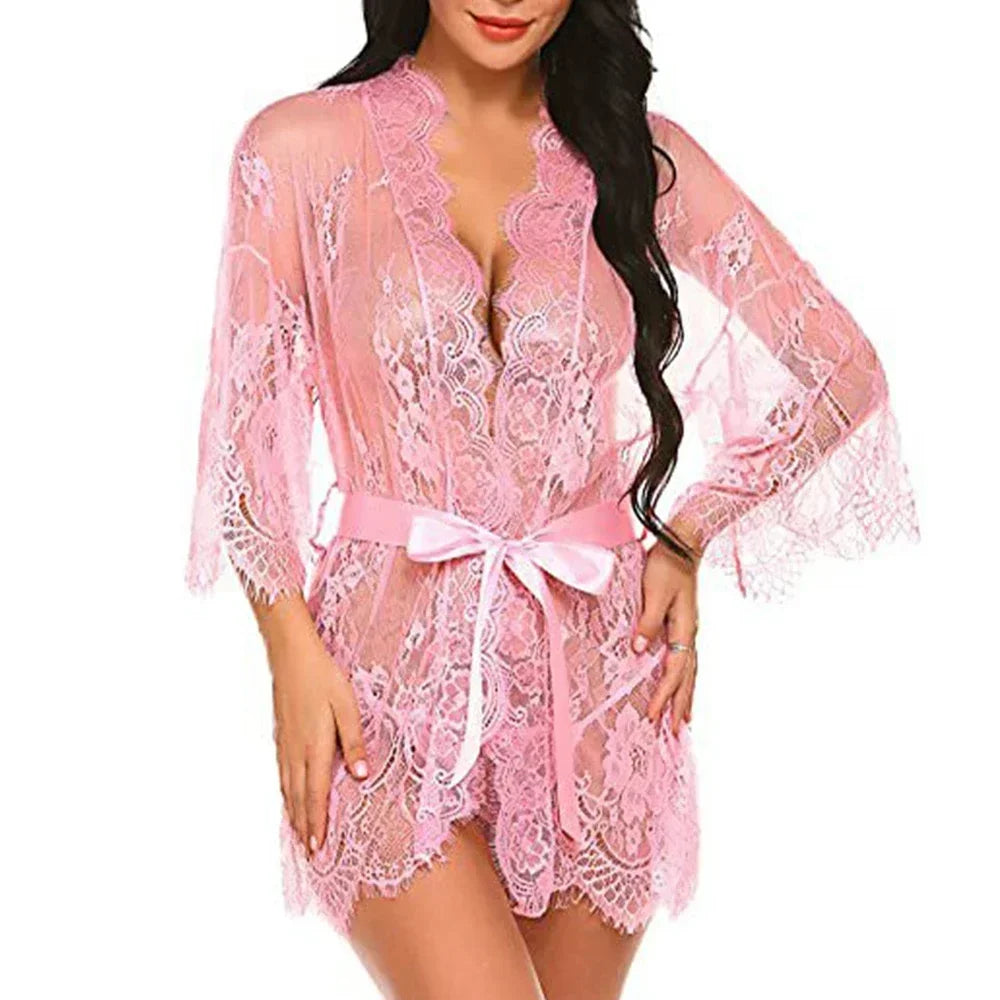Robe nuisette sexy en dentelle avec string assorti – lingerie transparente de nuit