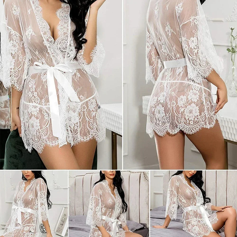 Robe nuisette sexy en dentelle avec string assorti – lingerie transparente de nuit