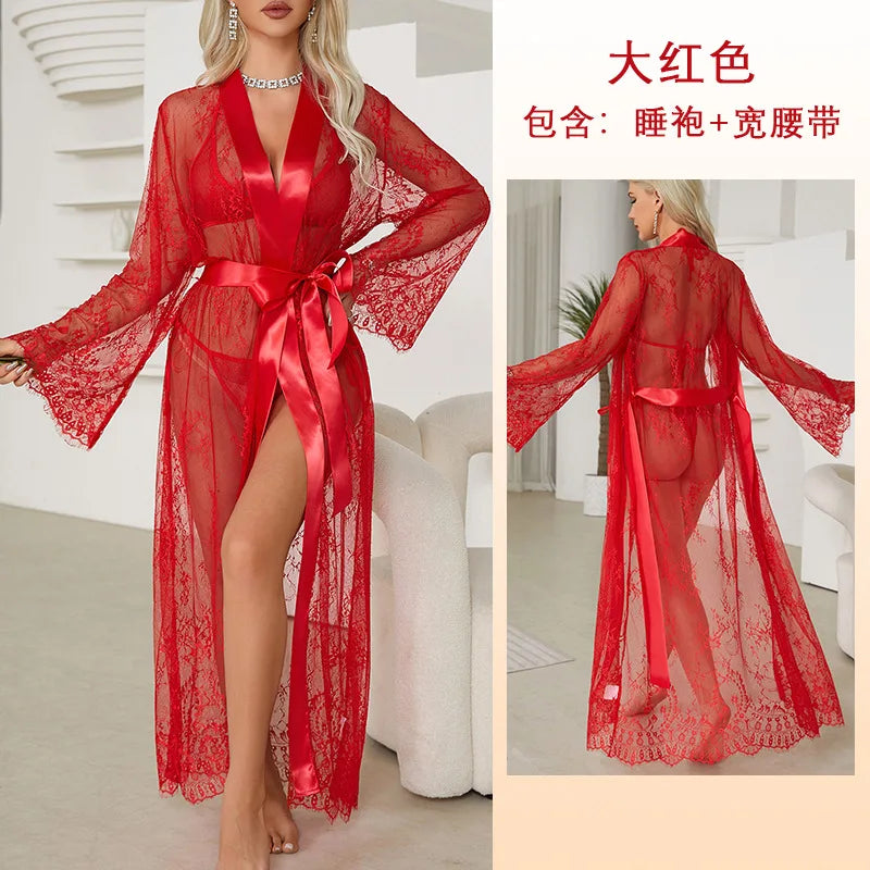Robe kimono en dentelle transparente satinée – nuisette sexy florale pour la maison