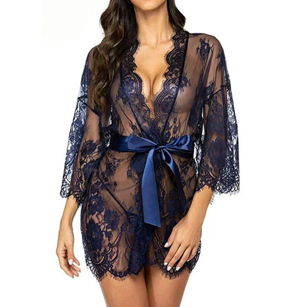 Robe nuisette sexy en dentelle avec string assorti – lingerie transparente de nuit