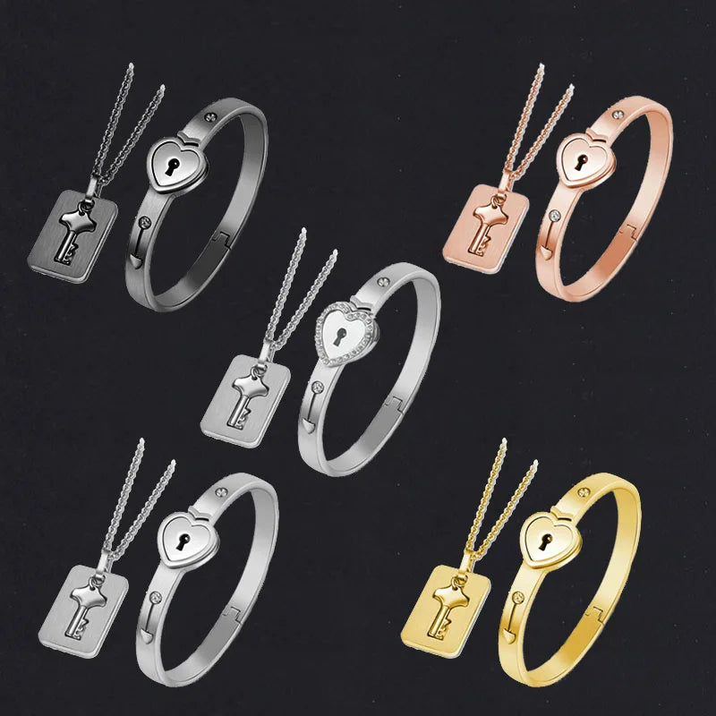 Bijoux Couple Cadenas Cœur & Clé – Bracelets et Colliers en Acier Inoxydable | Cadeau Saint-Valentin