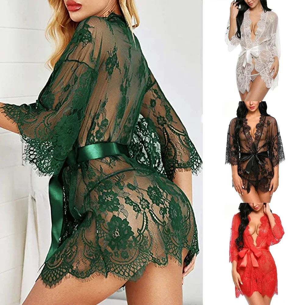 Robe nuisette sexy en dentelle avec string assorti – lingerie transparente de nuit