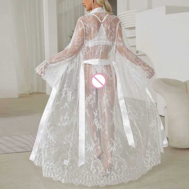 Robe kimono en dentelle transparente satinée – nuisette sexy florale pour la maison