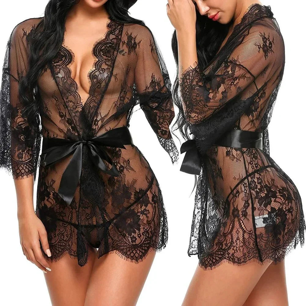 Nuisette Sexy en Dentelle Transparente à Volants – Robe de Nuit Femme