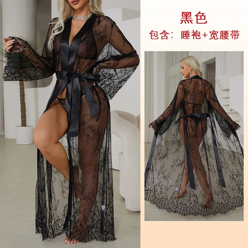 Robe kimono en dentelle transparente satinée – nuisette sexy florale pour la maison
