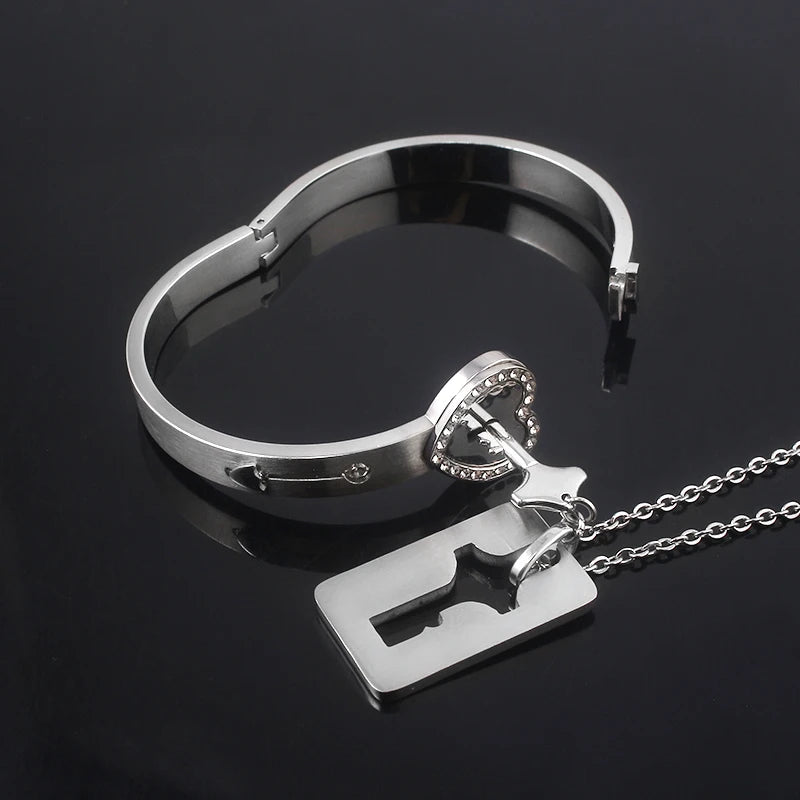 Bijoux Couple Cadenas Cœur & Clé – Bracelets et Colliers en Acier Inoxydable | Cadeau Saint-Valentin