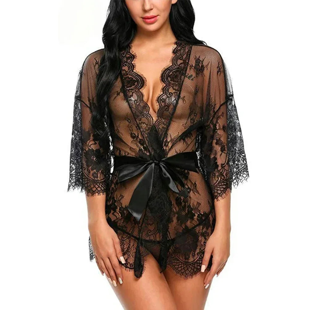 Robe nuisette sexy en dentelle avec string assorti – lingerie transparente de nuit