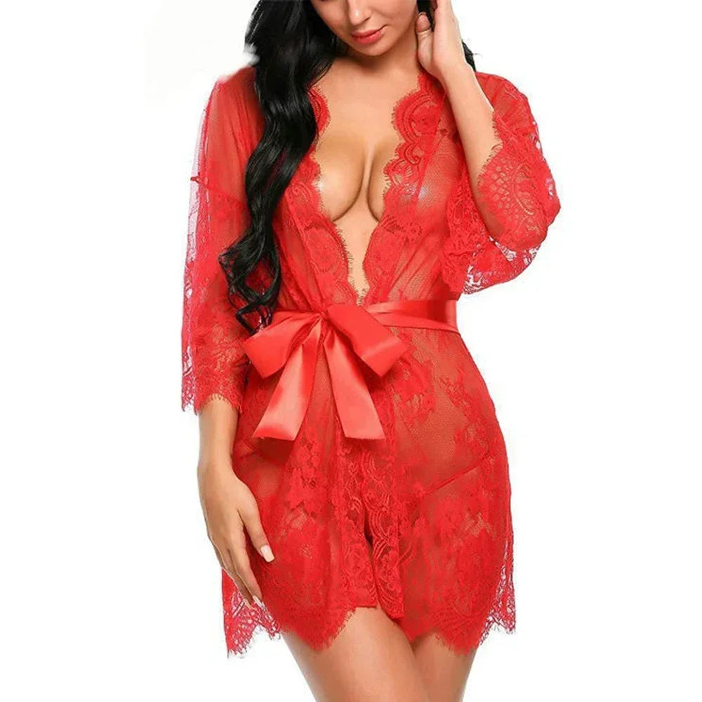 Robe nuisette sexy en dentelle avec string assorti – lingerie transparente de nuit