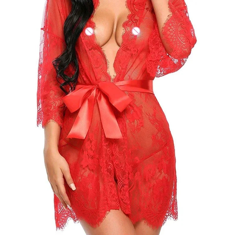 Nuisette Sexy en Dentelle Transparente à Volants – Robe de Nuit Femme