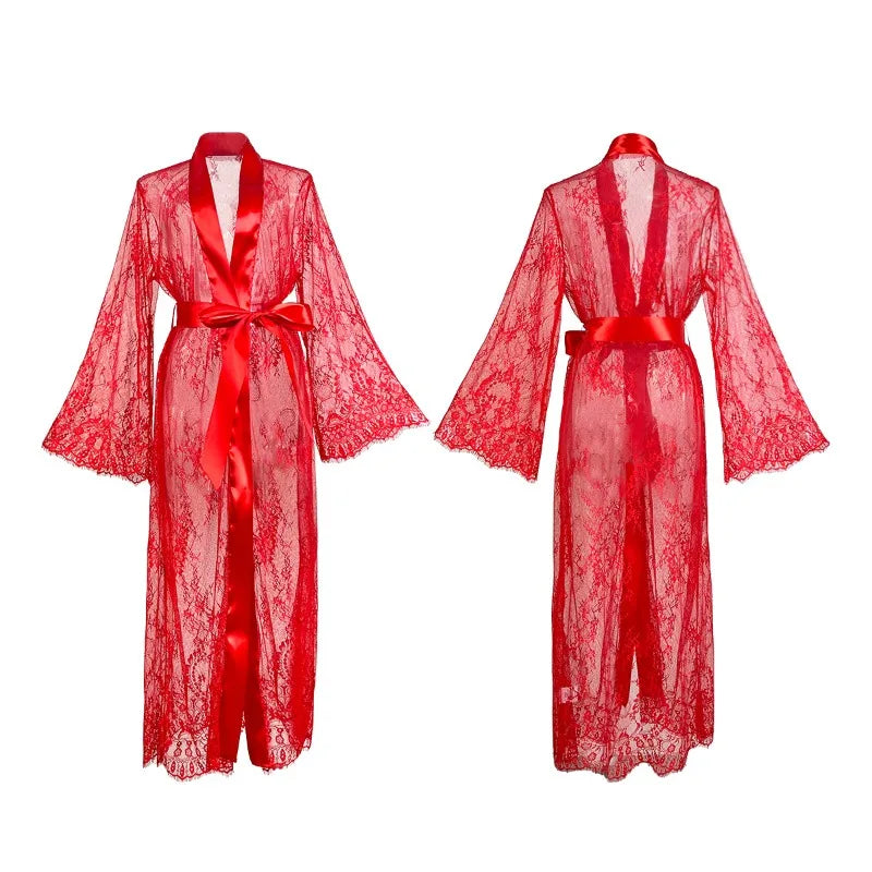 Robe kimono en dentelle transparente satinée – nuisette sexy florale pour la maison