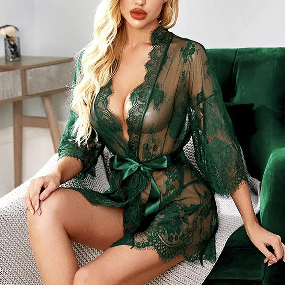 Robe nuisette sexy en dentelle avec string assorti – lingerie transparente de nuit